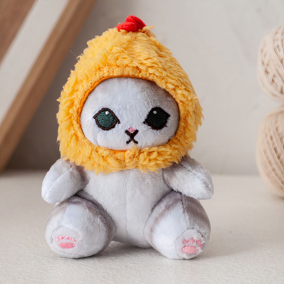 Peluche chat cagoule jaune mignon doux câlin enfant