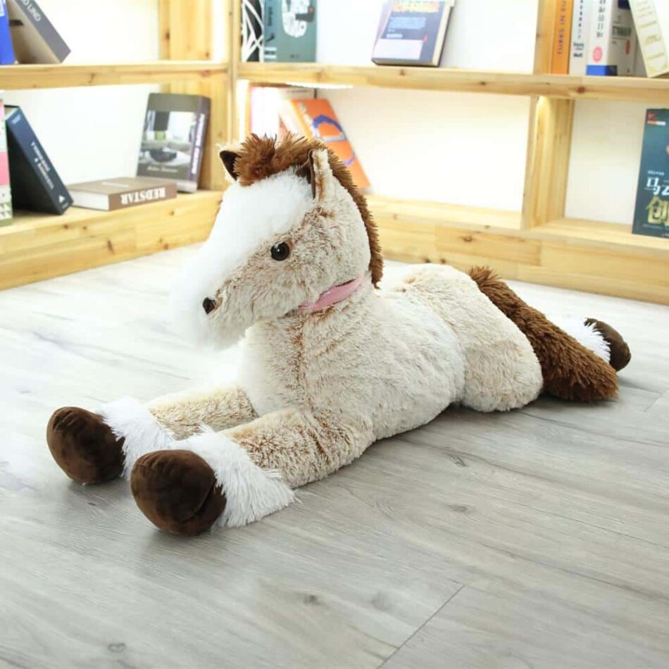 Peluche cheval marron blanc doux câlin enfant animaux