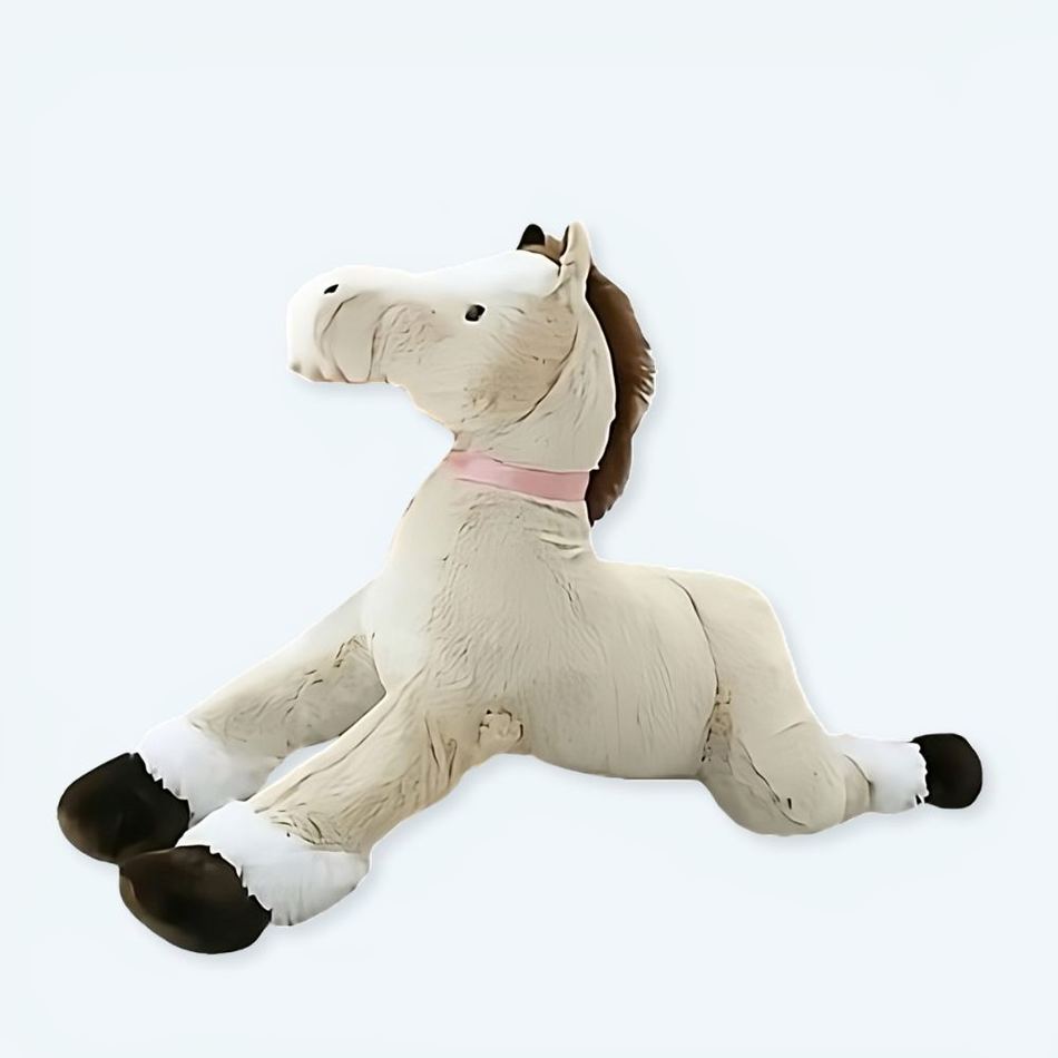 Peluche cheval marron blanc doux câlin enfant animaux