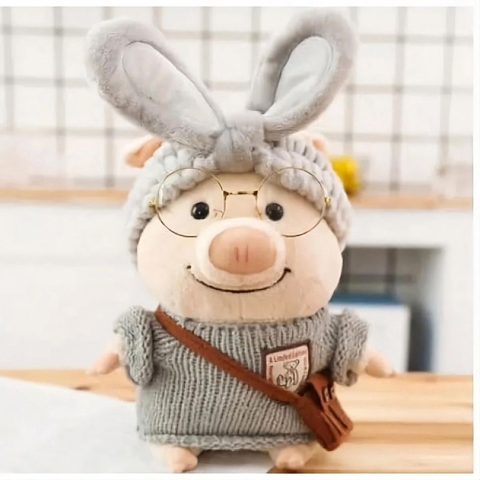 Peluche cochon douce pull gris hiver chaleureux