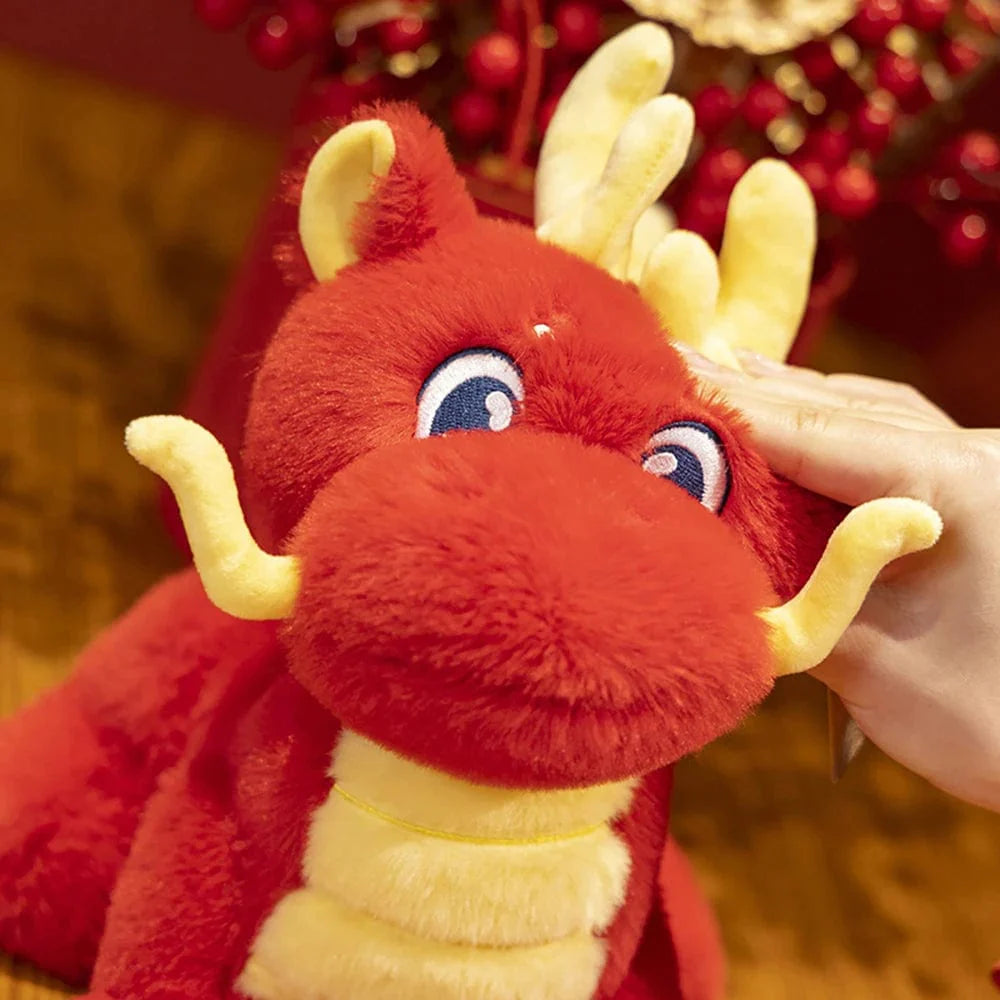 Peluche dragon chinois à cornes rouge