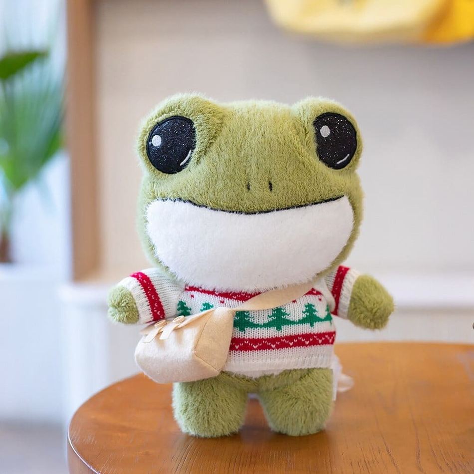 Peluche grenouille verte douce avec pull hiver câlin