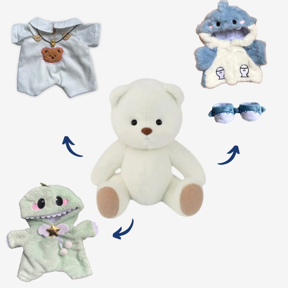Peluche ours articulé fait main blanche douce enfant