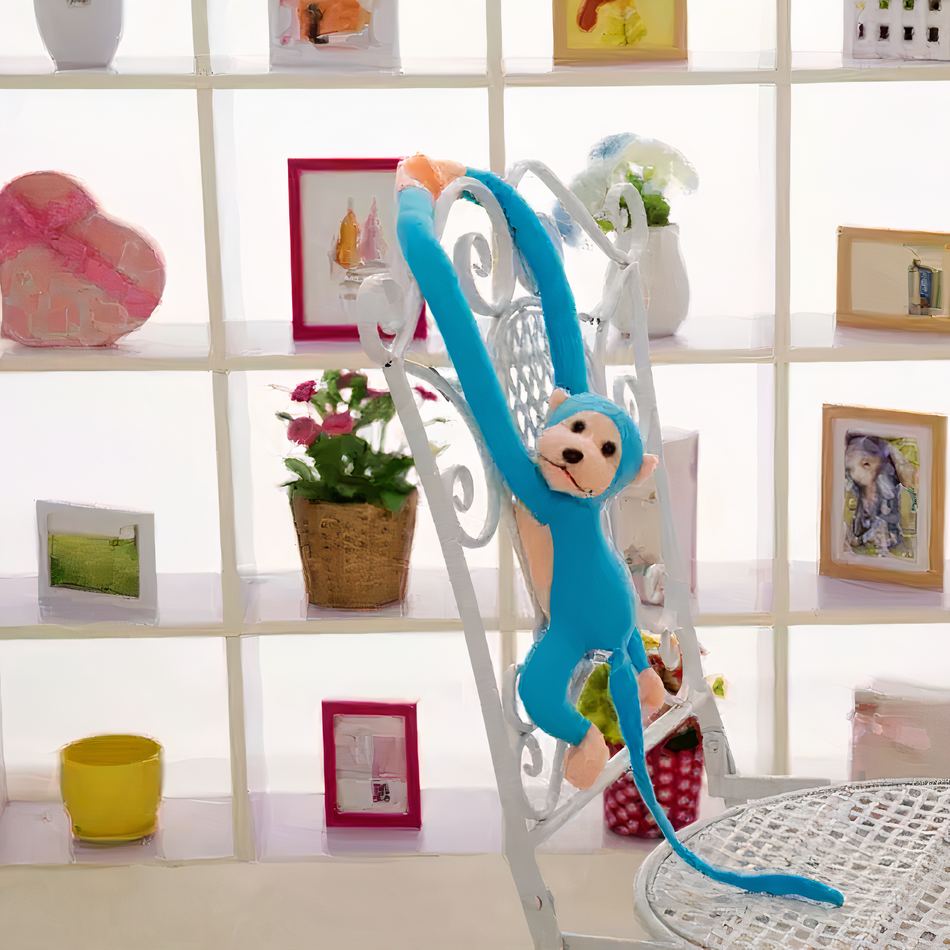 Peluche singe kawaii douce longue queue bleue câline