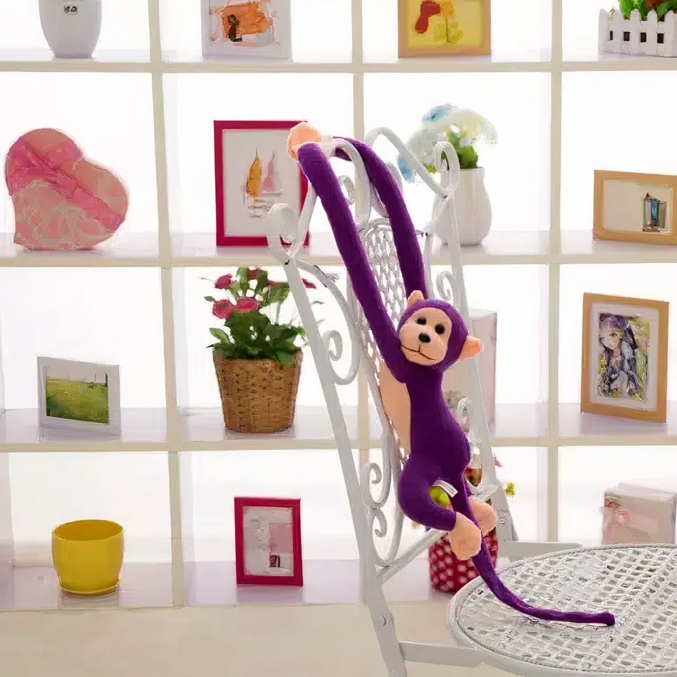 Peluche singe violet kawaii longue queue douce enfant