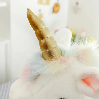 Peluche licorne blanche étoilée avec ailes et corne dorée