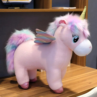 Peluche licorne arc-en-ciel rose avec ailes et corne dorée