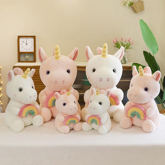 Peluche licorne arc-en-ciel douce avec corne doré