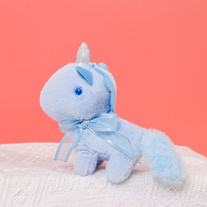 Peluche licorne miniature douce avec nœud et cornet pailleté