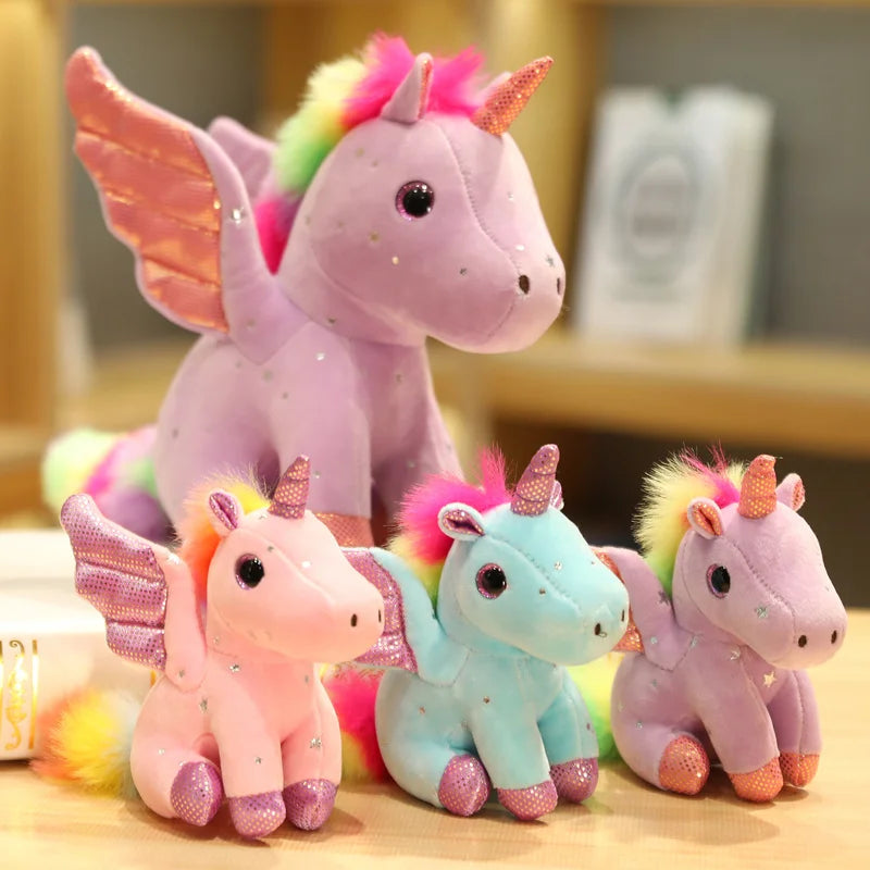 Peluche licorne blanche à crinière arc-en-ciel magique