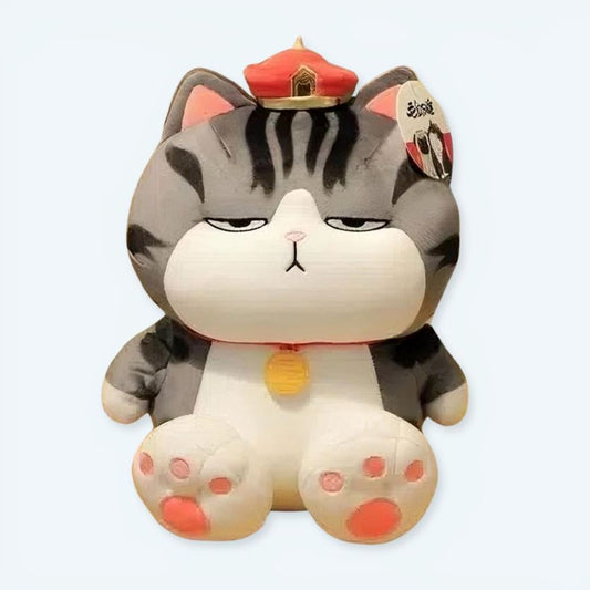 Peluche chat empereur doux tigré gris assis câlin