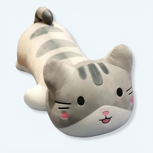 Peluche chat gris oreiller doux câlin déco maison
