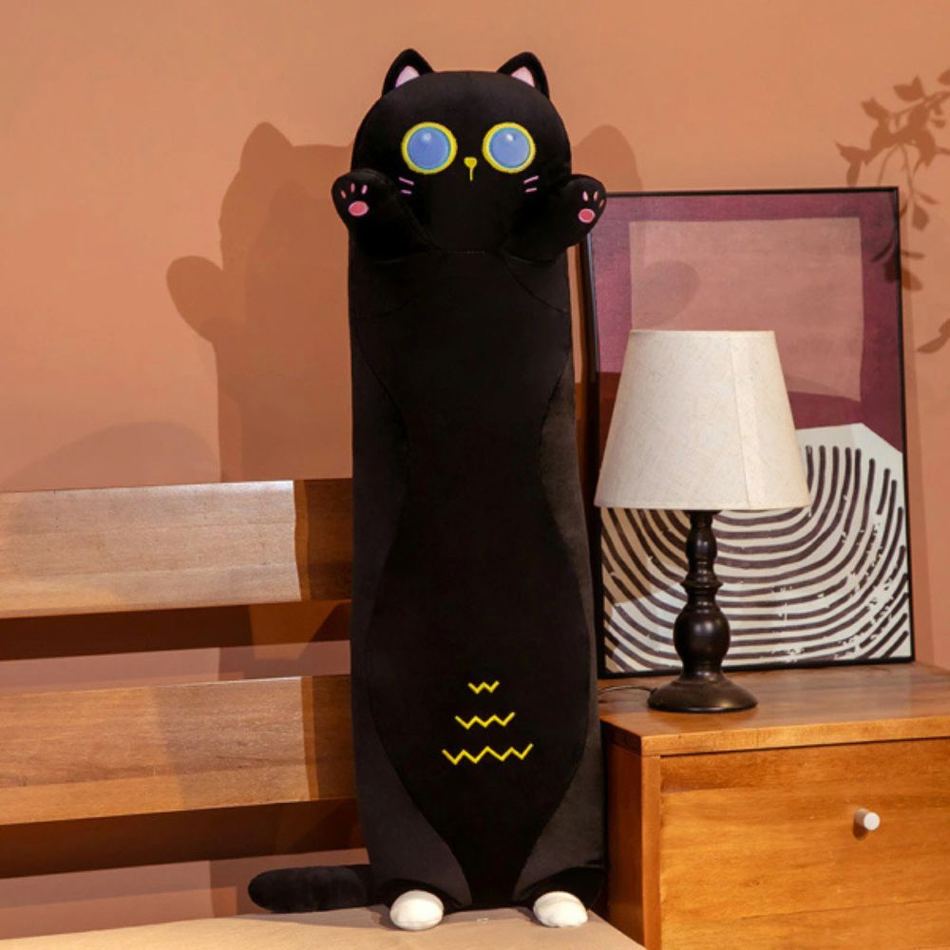 Peluche chat noir long doux câlin confortable maison