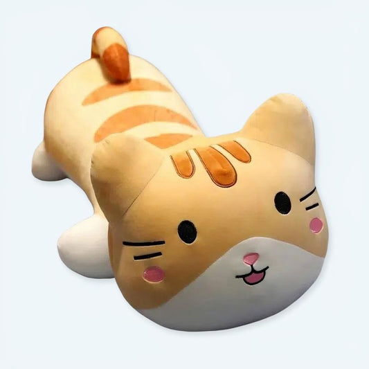 Peluche chat oreiller marron doux câlin chambre cosy