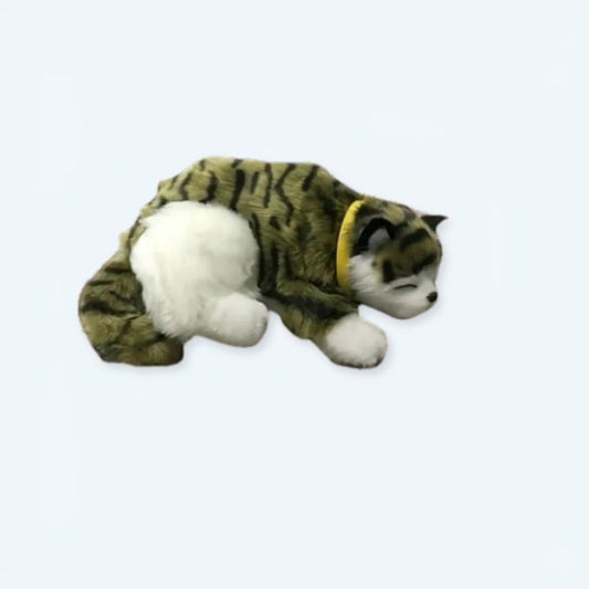 Peluche chat tigré vert doux sommeil réconfortant