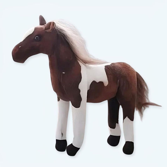 Peluche cheval doux marron blanc câlin enfant