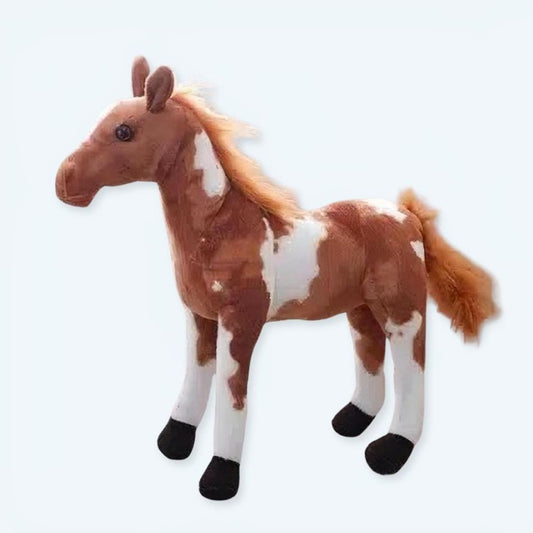 Peluche cheval doux marron blanc enfant câlin jouet