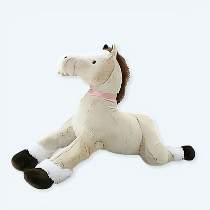 Peluche cheval marron blanc doux câlin enfant animaux