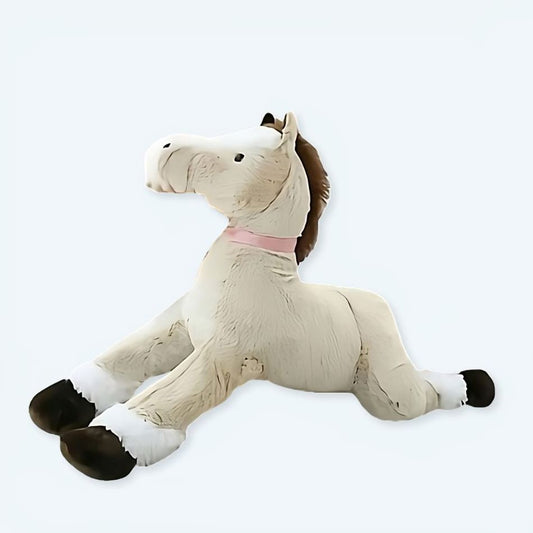 Peluche cheval marron blanc doux câlin enfant animaux