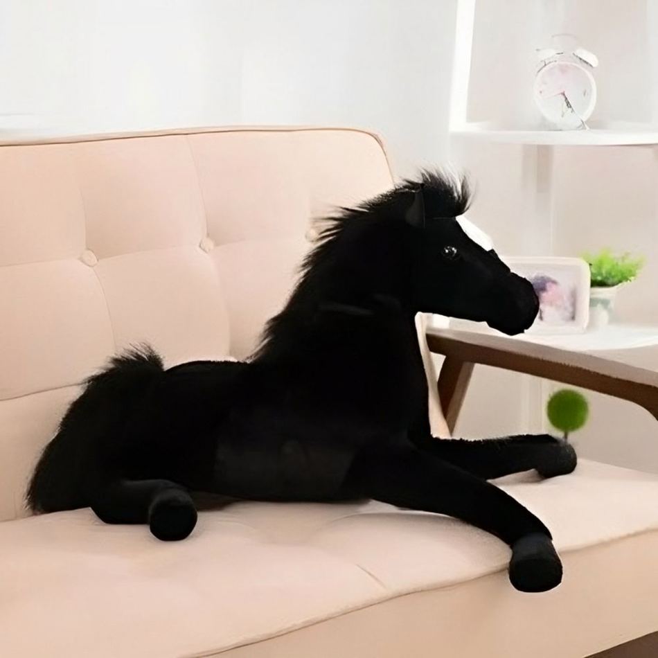 Peluche cheval noir doux enfant câlin velours élégant