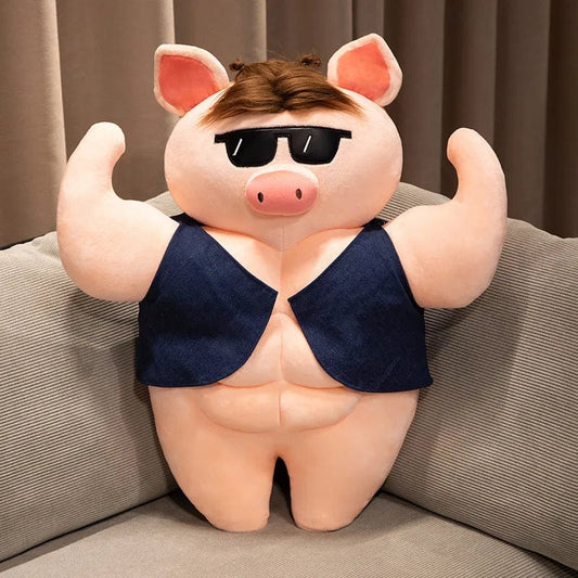Peluche cochon bodybuildé bien habillé à lunettes