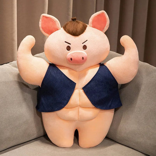 Peluche cochon bodybuildé bien habillé brun