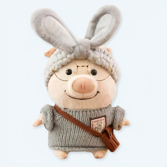 Peluche cochon douce pull gris hiver chaleureux