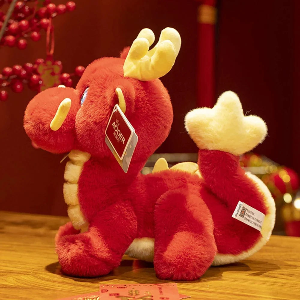 Peluche dragon chinois à cornes rouge