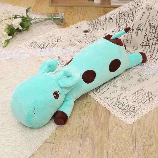 Peluche girafe géante allongée bleue