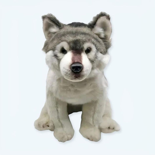 Peluche loup assis doux gris câlin hiver enfant