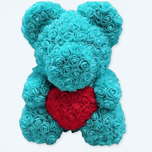 Peluche ours turquoise roses douce câline enfant cadeau