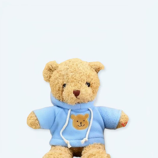 Peluche ourson doux pull bleu câlin hiver enfant