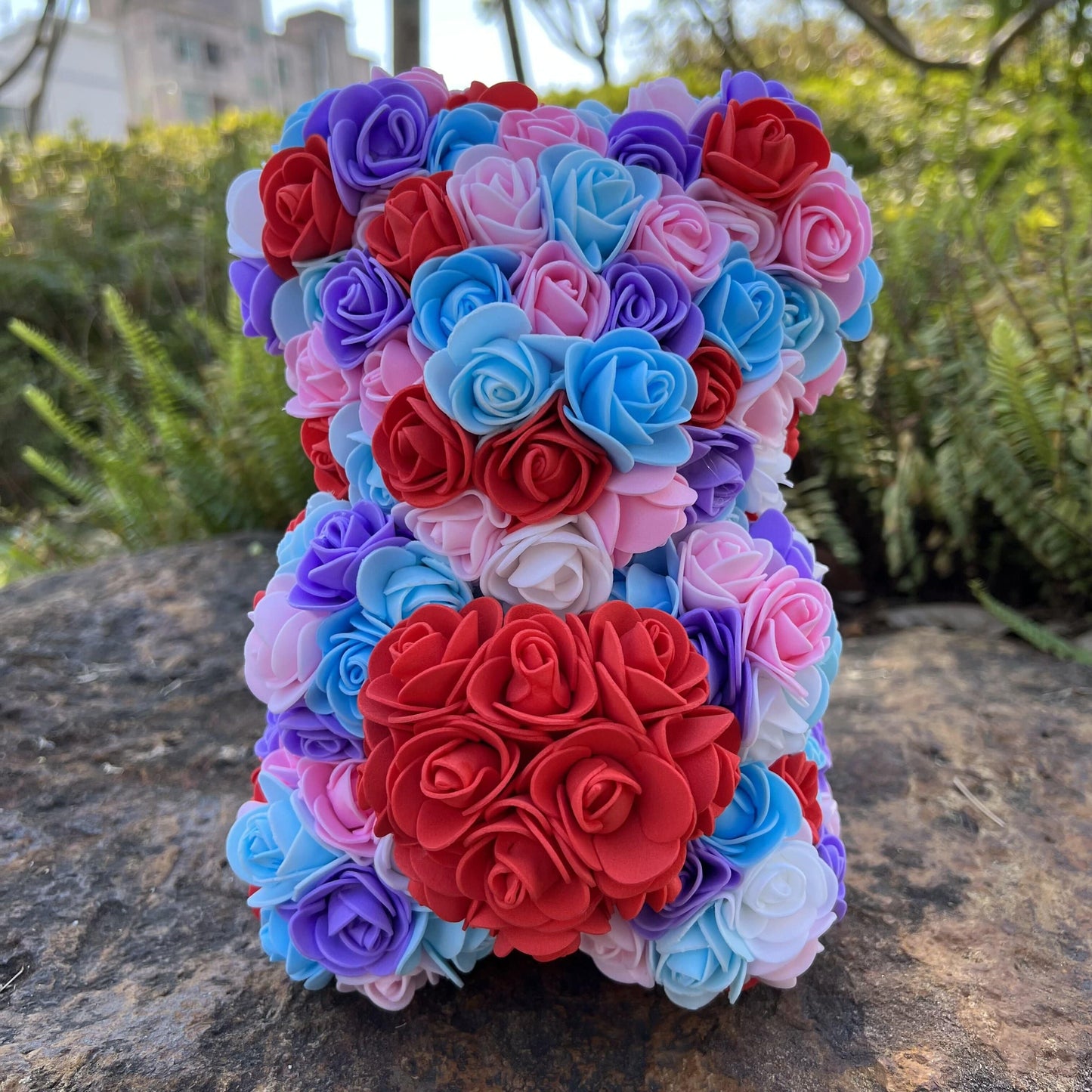 Peluche ourson en rose cœur bicolore Saint-Valentin