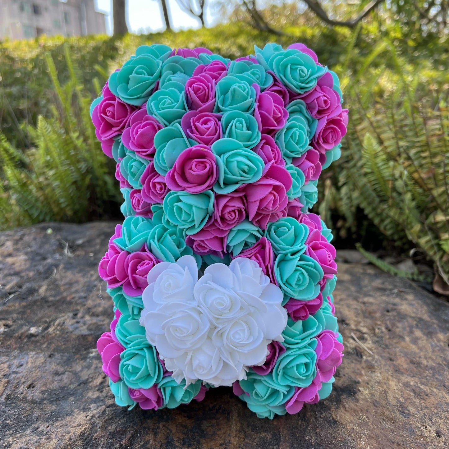 Peluche ourson en rose cœur bicolore Saint-Valentin