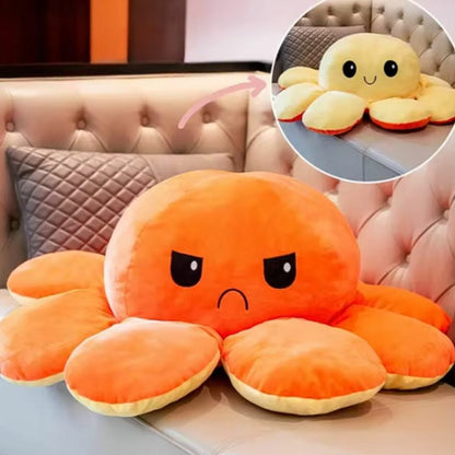 Peluche pieuvre géante réversible humeur joyeuse triste