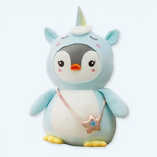 Peluche pingouin magique déguisement licorne bleu doux