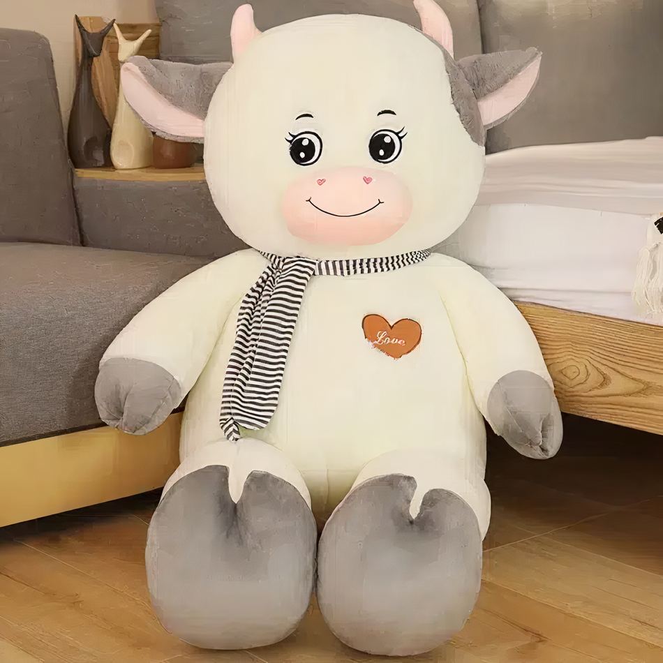 Peluche vache géante douce blanche grise enfant câlin