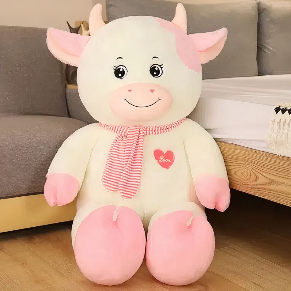 Peluche vache géante douce blanche rose câline enfant