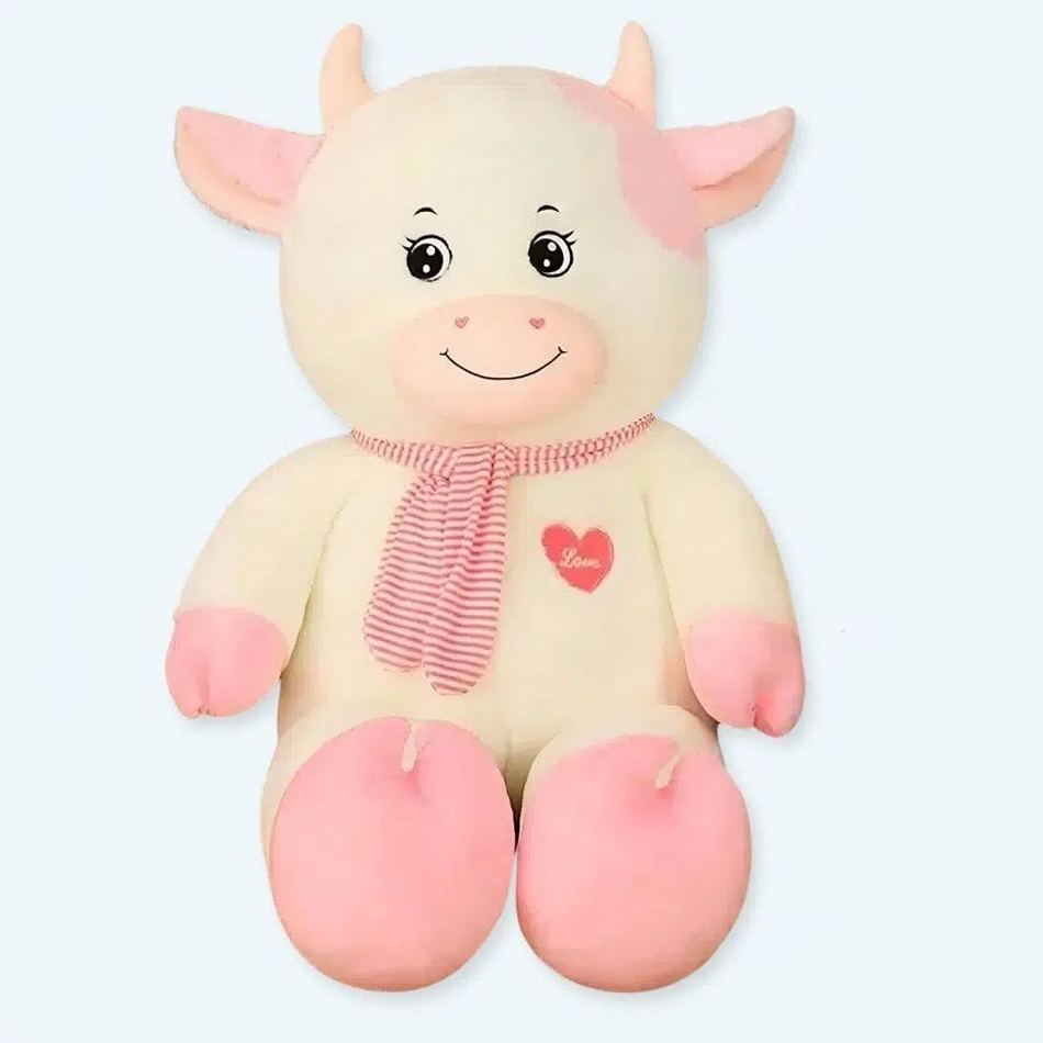 Peluche vache géante douce blanche rose câline enfant