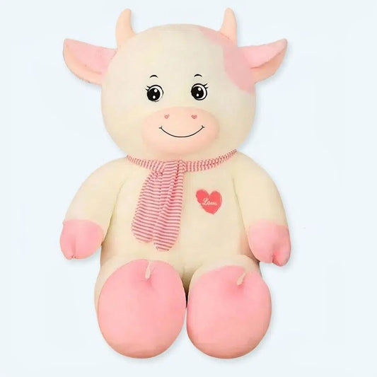 Peluche vache géante douce blanche rose câline enfant